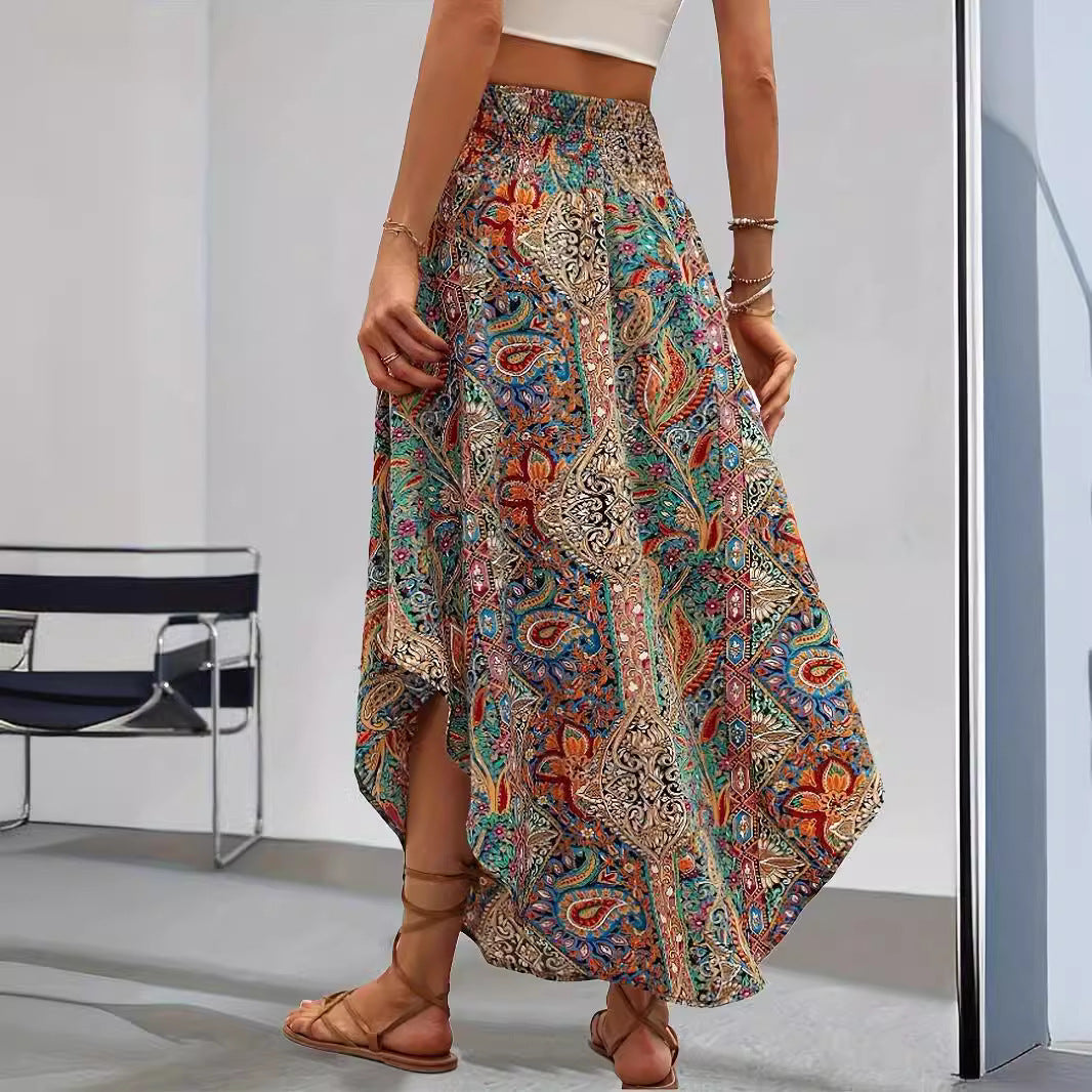 High Waist Half-length Printing Long Skirt