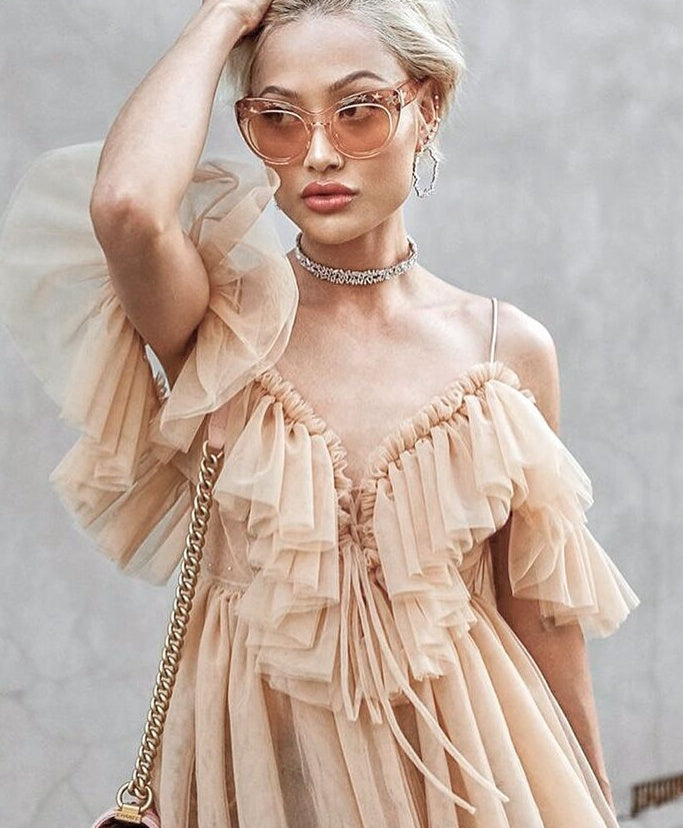 Strap ruffles mesh blouse