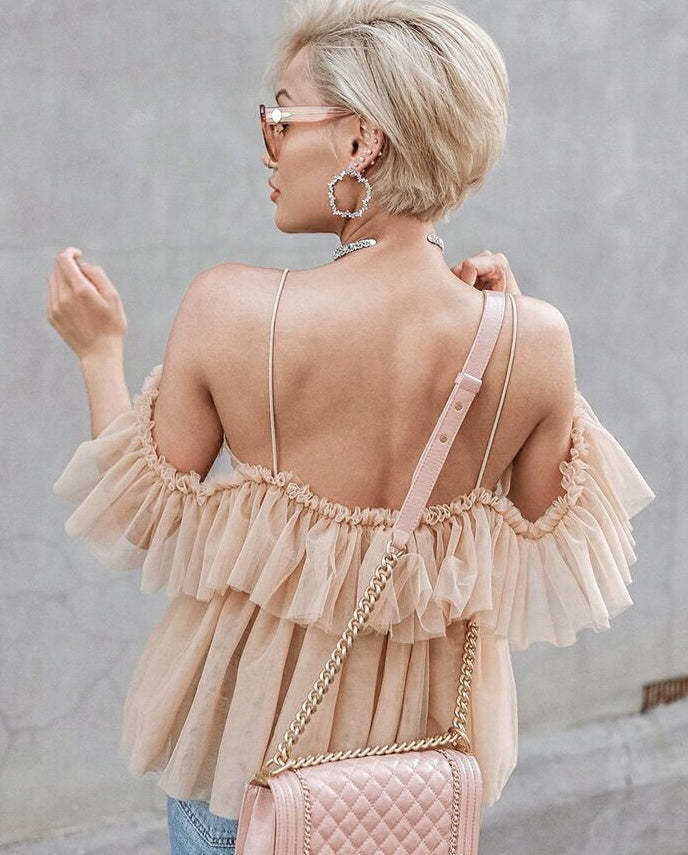 Strap ruffles mesh blouse