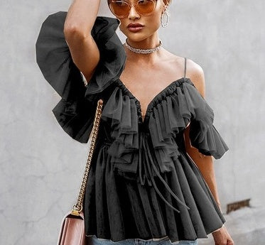 Strap ruffles mesh blouse