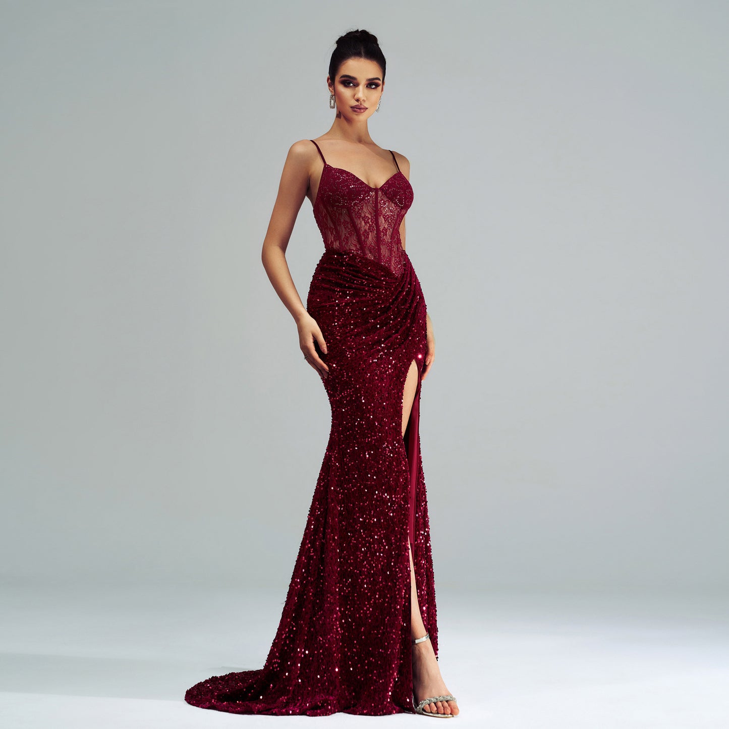 Sleeveless Sequined High Slit Evening Dress