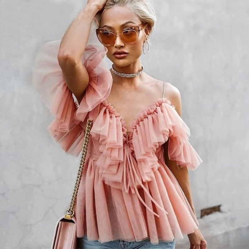 Strap ruffles mesh blouse