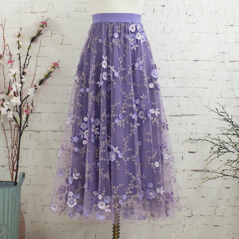 Embroidered Mesh Midi-Skirt