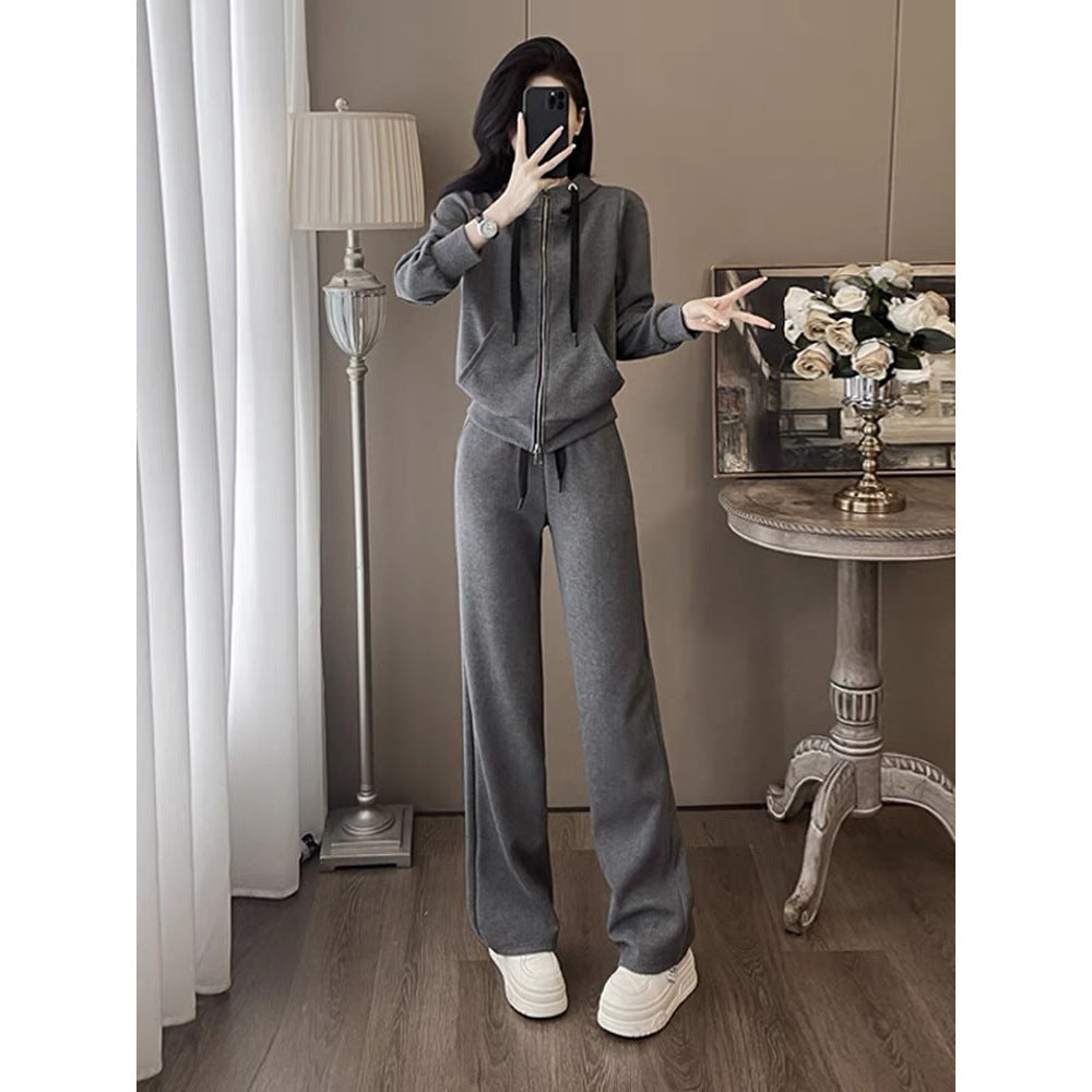 Gray Hooded Sweatshirt Pants  Two-piece Suit