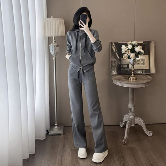 Gray Hooded Sweatshirt Pants  Two-piece Suit