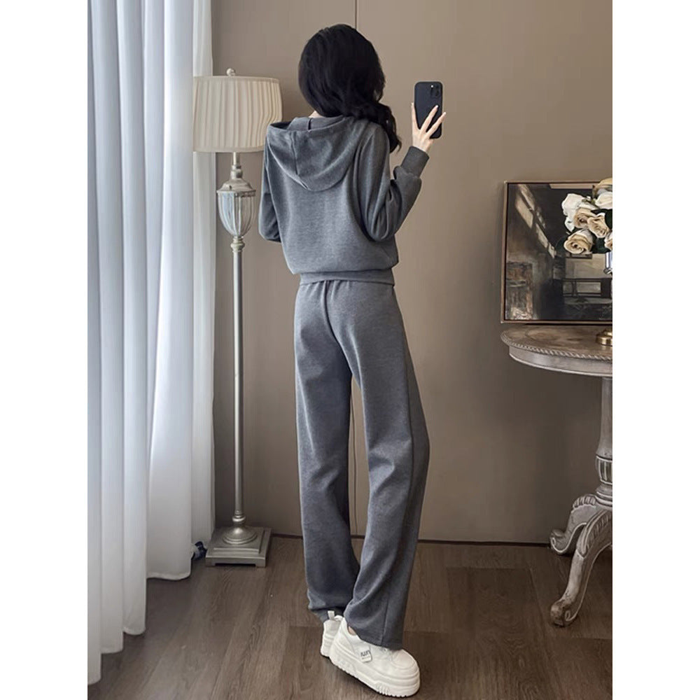 Gray Hooded Sweatshirt Pants  Two-piece Suit