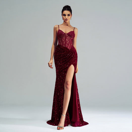 Sleeveless Sequined High Slit Evening Dress